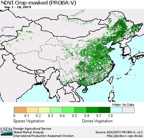 China, Mongolia and Taiwan NDVI Crop-masked (PROBA-V) Thematic Map For 9/1/2019 - 9/10/2019