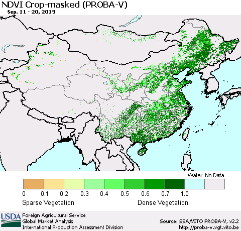 China, Mongolia and Taiwan NDVI Crop-masked (PROBA-V) Thematic Map For 9/11/2019 - 9/20/2019