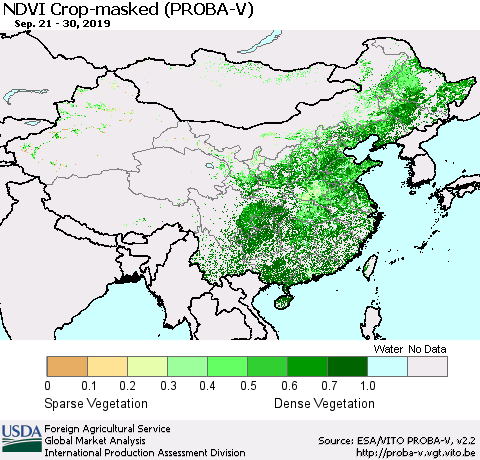 China, Mongolia and Taiwan NDVI Crop-masked (PROBA-V) Thematic Map For 9/21/2019 - 9/30/2019
