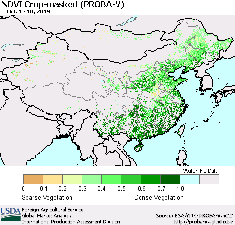 China, Mongolia and Taiwan NDVI Crop-masked (PROBA-V) Thematic Map For 10/1/2019 - 10/10/2019