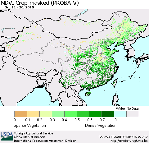 China, Mongolia and Taiwan NDVI Crop-masked (PROBA-V) Thematic Map For 10/11/2019 - 10/20/2019