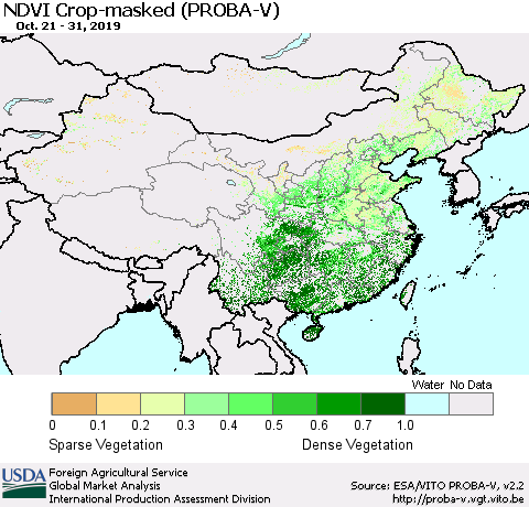 China, Mongolia and Taiwan NDVI Crop-masked (PROBA-V) Thematic Map For 10/21/2019 - 10/31/2019