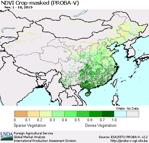 China, Mongolia and Taiwan NDVI Crop-masked (PROBA-V) Thematic Map For 11/1/2019 - 11/10/2019