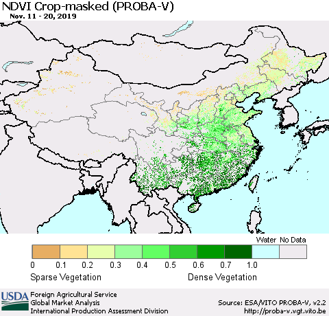 China, Mongolia and Taiwan NDVI Crop-masked (PROBA-V) Thematic Map For 11/11/2019 - 11/20/2019