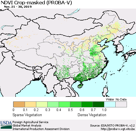 China, Mongolia and Taiwan NDVI Crop-masked (PROBA-V) Thematic Map For 11/21/2019 - 11/30/2019
