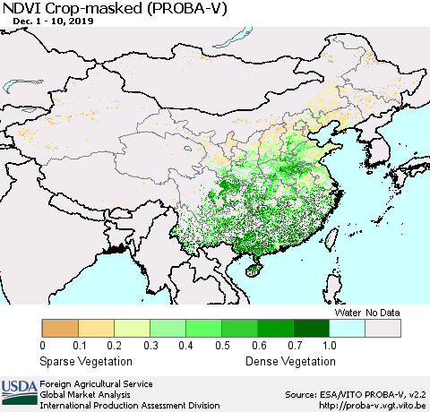 China, Mongolia and Taiwan NDVI Crop-masked (PROBA-V) Thematic Map For 12/1/2019 - 12/10/2019
