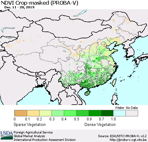 China, Mongolia and Taiwan NDVI Crop-masked (PROBA-V) Thematic Map For 12/11/2019 - 12/20/2019