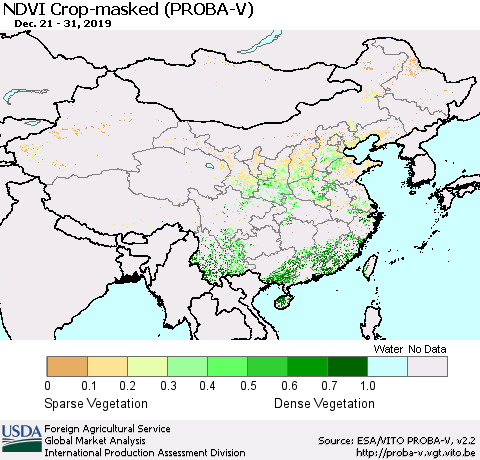 China, Mongolia and Taiwan NDVI Crop-masked (PROBA-V) Thematic Map For 12/21/2019 - 12/31/2019