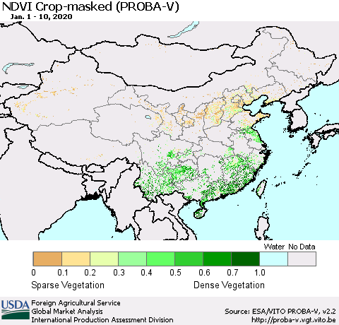 China, Mongolia and Taiwan NDVI Crop-masked (PROBA-V) Thematic Map For 1/1/2020 - 1/10/2020