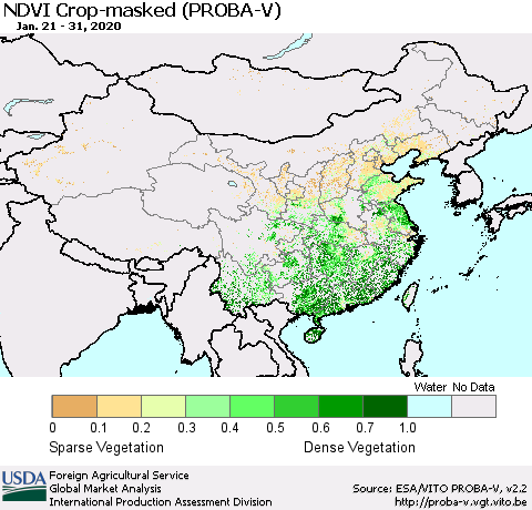 China, Mongolia and Taiwan NDVI Crop-masked (PROBA-V) Thematic Map For 1/21/2020 - 1/31/2020