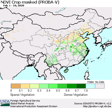 China, Mongolia and Taiwan NDVI Crop-masked (PROBA-V) Thematic Map For 2/1/2020 - 2/10/2020