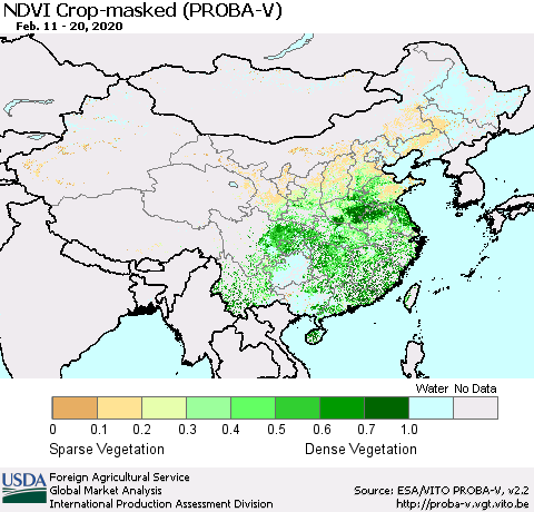 China, Mongolia and Taiwan NDVI Crop-masked (PROBA-V) Thematic Map For 2/11/2020 - 2/20/2020