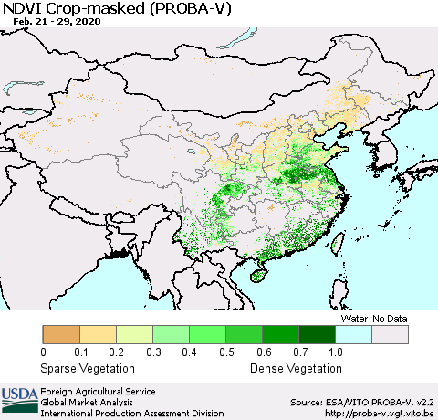 China, Mongolia and Taiwan NDVI Crop-masked (PROBA-V) Thematic Map For 2/21/2020 - 2/29/2020