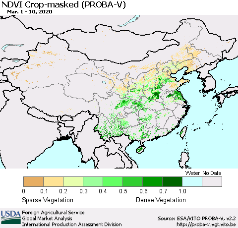 China, Mongolia and Taiwan NDVI Crop-masked (PROBA-V) Thematic Map For 3/1/2020 - 3/10/2020