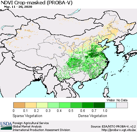 China, Mongolia and Taiwan NDVI Crop-masked (PROBA-V) Thematic Map For 3/11/2020 - 3/20/2020