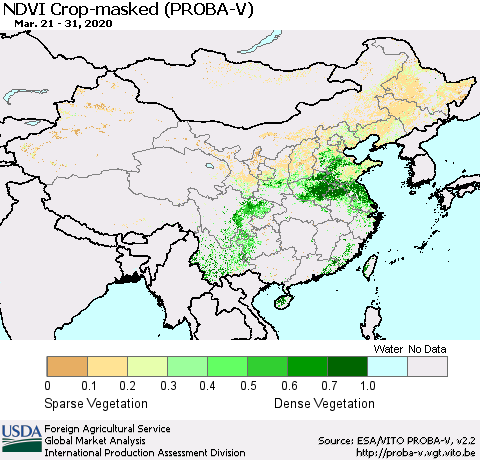 China, Mongolia and Taiwan NDVI Crop-masked (PROBA-V) Thematic Map For 3/21/2020 - 3/31/2020