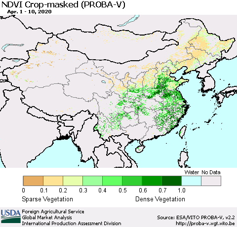 China, Mongolia and Taiwan NDVI Crop-masked (PROBA-V) Thematic Map For 4/1/2020 - 4/10/2020