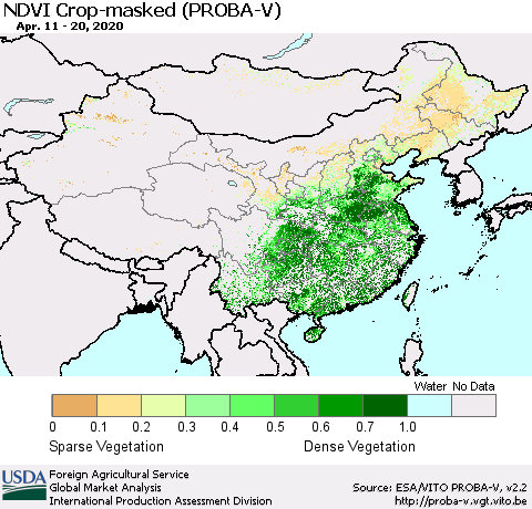 China, Mongolia and Taiwan NDVI Crop-masked (PROBA-V) Thematic Map For 4/11/2020 - 4/20/2020