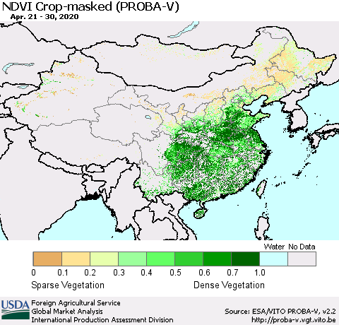 China, Mongolia and Taiwan NDVI Crop-masked (PROBA-V) Thematic Map For 4/21/2020 - 4/30/2020