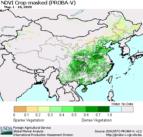 China, Mongolia and Taiwan NDVI Crop-masked (PROBA-V) Thematic Map For 5/1/2020 - 5/10/2020
