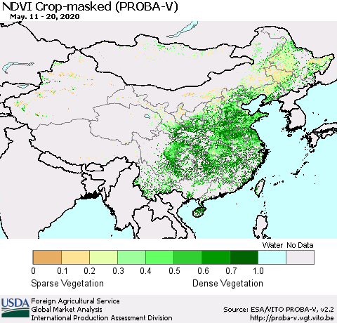 China, Mongolia and Taiwan NDVI Crop-masked (PROBA-V) Thematic Map For 5/11/2020 - 5/20/2020