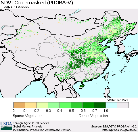 China, Mongolia and Taiwan NDVI Crop-masked (PROBA-V) Thematic Map For 6/1/2020 - 6/10/2020