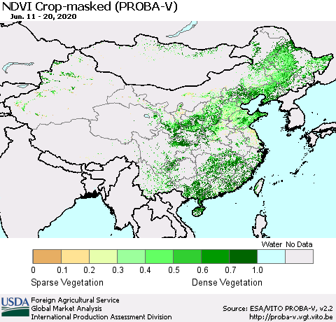 China, Mongolia and Taiwan NDVI Crop-masked (PROBA-V) Thematic Map For 6/11/2020 - 6/20/2020