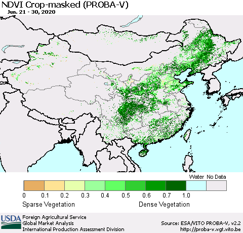 China, Mongolia and Taiwan NDVI Crop-masked (PROBA-V) Thematic Map For 6/21/2020 - 6/30/2020