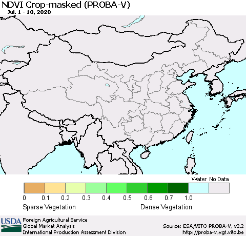 China, Mongolia and Taiwan NDVI Crop-masked (PROBA-V) Thematic Map For 7/1/2020 - 7/10/2020