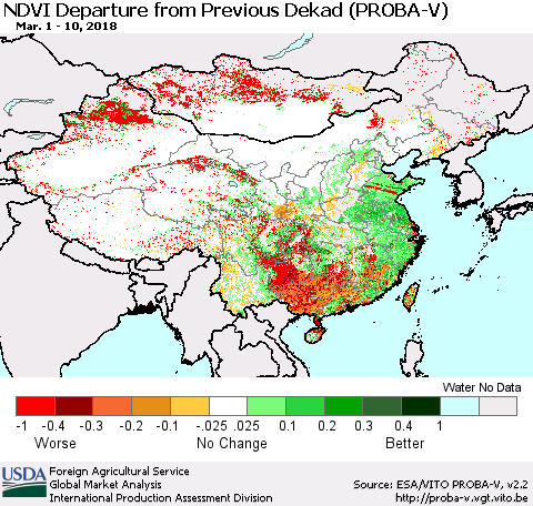 China, Mongolia and Taiwan NDVI Departure from Previous Dekad (PROBA-V) Thematic Map For 3/1/2018 - 3/10/2018
