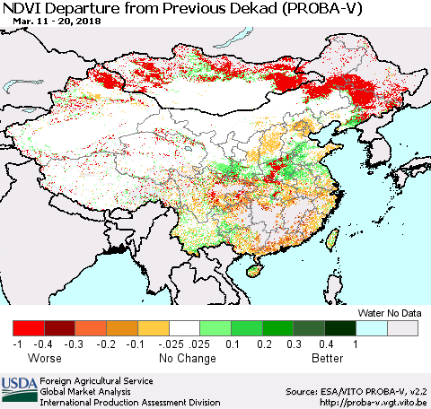 China, Mongolia and Taiwan NDVI Departure from Previous Dekad (PROBA-V) Thematic Map For 3/11/2018 - 3/20/2018