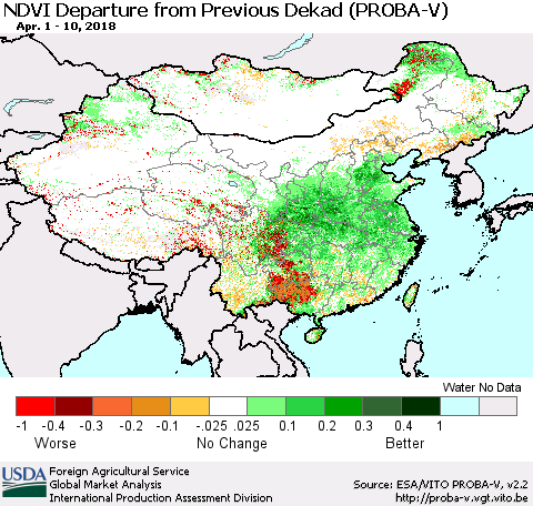 China, Mongolia and Taiwan NDVI Departure from Previous Dekad (PROBA-V) Thematic Map For 4/1/2018 - 4/10/2018