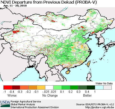 China, Mongolia and Taiwan NDVI Departure from Previous Dekad (PROBA-V) Thematic Map For 4/11/2018 - 4/20/2018