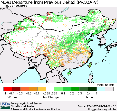 China, Mongolia and Taiwan NDVI Departure from Previous Dekad (PROBA-V) Thematic Map For 4/21/2018 - 4/30/2018