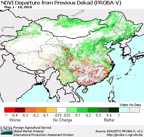 China, Mongolia and Taiwan NDVI Departure from Previous Dekad (PROBA-V) Thematic Map For 5/1/2018 - 5/10/2018