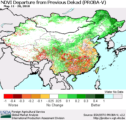 China, Mongolia and Taiwan NDVI Departure from Previous Dekad (PROBA-V) Thematic Map For 5/11/2018 - 5/20/2018