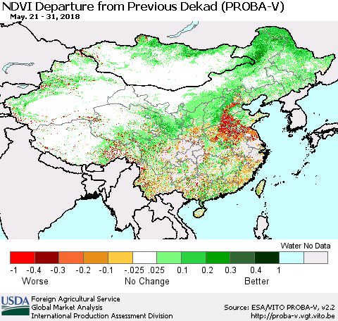 China, Mongolia and Taiwan NDVI Departure from Previous Dekad (PROBA-V) Thematic Map For 5/21/2018 - 5/31/2018