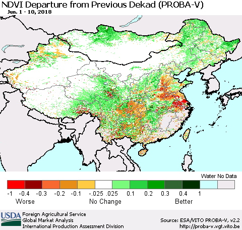 China, Mongolia and Taiwan NDVI Departure from Previous Dekad (PROBA-V) Thematic Map For 6/1/2018 - 6/10/2018