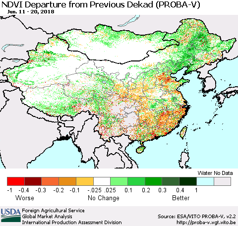 China, Mongolia and Taiwan NDVI Departure from Previous Dekad (PROBA-V) Thematic Map For 6/11/2018 - 6/20/2018