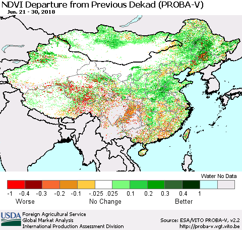 China, Mongolia and Taiwan NDVI Departure from Previous Dekad (PROBA-V) Thematic Map For 6/21/2018 - 6/30/2018