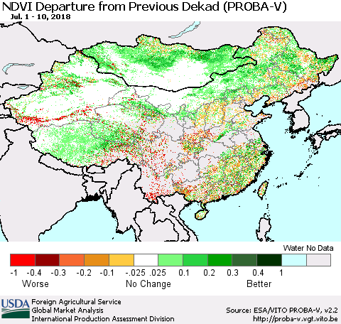 China, Mongolia and Taiwan NDVI Departure from Previous Dekad (PROBA-V) Thematic Map For 7/1/2018 - 7/10/2018