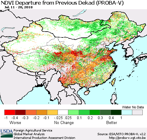 China, Mongolia and Taiwan NDVI Departure from Previous Dekad (PROBA-V) Thematic Map For 7/11/2018 - 7/20/2018