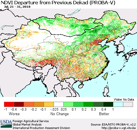 China, Mongolia and Taiwan NDVI Departure from Previous Dekad (PROBA-V) Thematic Map For 7/21/2018 - 7/31/2018