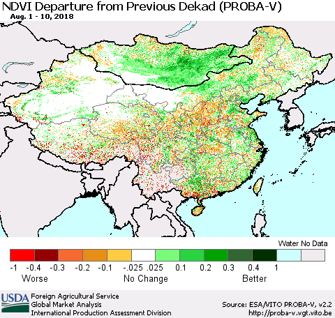 China, Mongolia and Taiwan NDVI Departure from Previous Dekad (PROBA-V) Thematic Map For 8/1/2018 - 8/10/2018