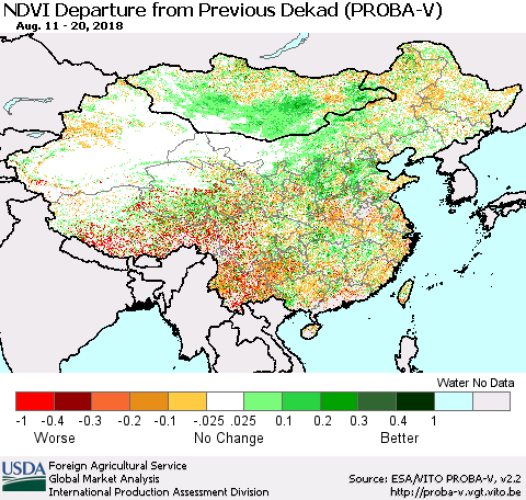 China, Mongolia and Taiwan NDVI Departure from Previous Dekad (PROBA-V) Thematic Map For 8/11/2018 - 8/20/2018