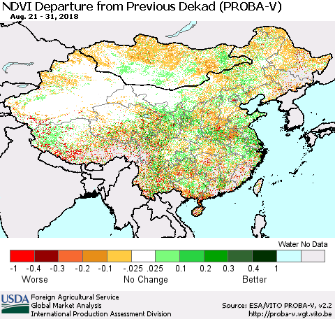 China, Mongolia and Taiwan NDVI Departure from Previous Dekad (PROBA-V) Thematic Map For 8/21/2018 - 8/31/2018