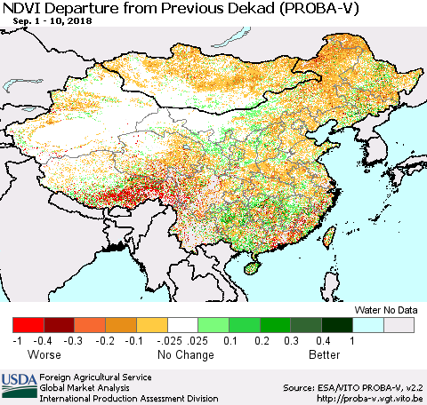 China, Mongolia and Taiwan NDVI Departure from Previous Dekad (PROBA-V) Thematic Map For 9/1/2018 - 9/10/2018