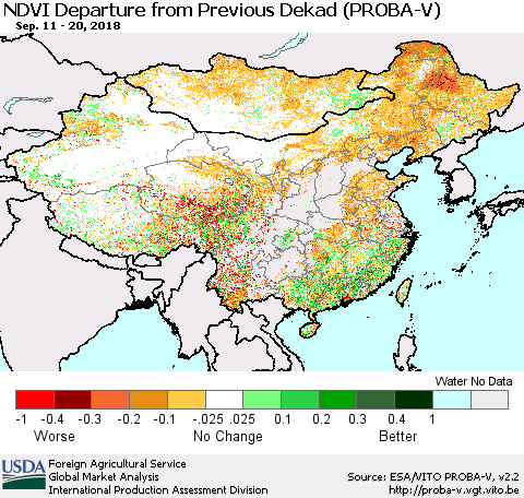China, Mongolia and Taiwan NDVI Departure from Previous Dekad (PROBA-V) Thematic Map For 9/11/2018 - 9/20/2018