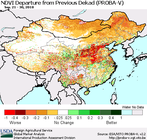China, Mongolia and Taiwan NDVI Departure from Previous Dekad (PROBA-V) Thematic Map For 9/21/2018 - 9/30/2018