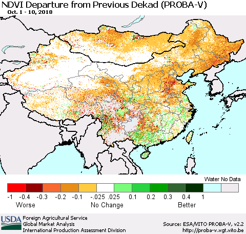 China, Mongolia and Taiwan NDVI Departure from Previous Dekad (PROBA-V) Thematic Map For 10/1/2018 - 10/10/2018